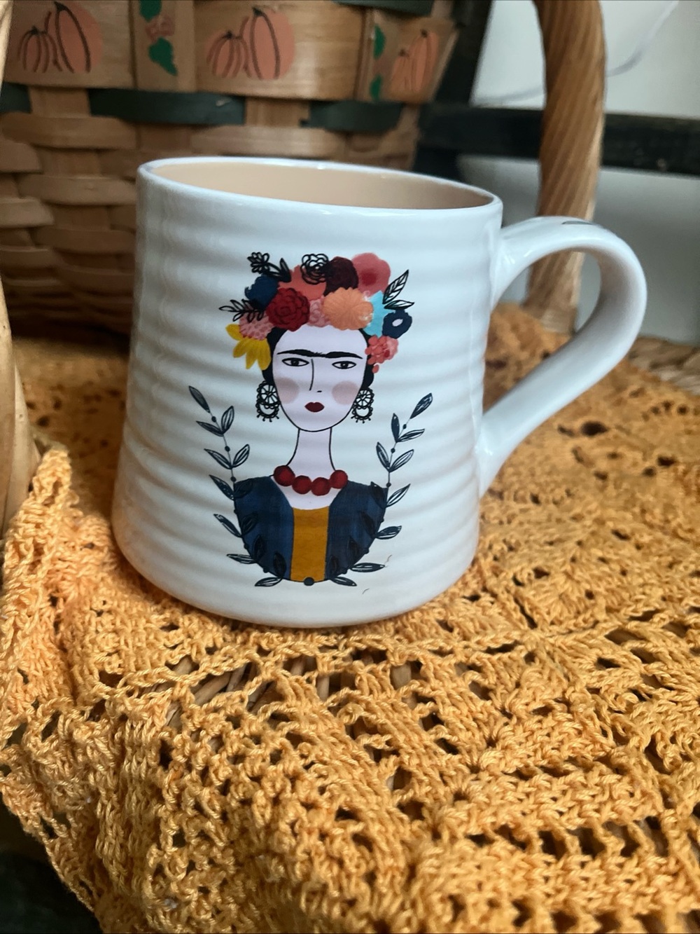 White Ceramic Mug with Colorful Floral Portrait Design